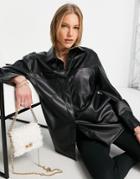 Topshop Faux Leather Shirt With Front Pockets In Black