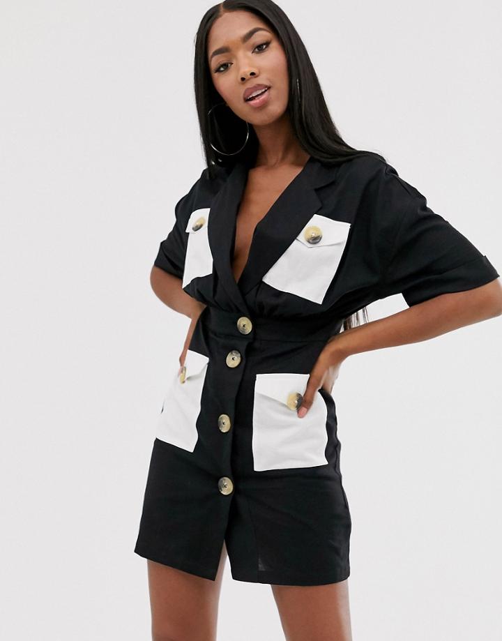 Asos Design Mini Shirt Dress With Contrast Pockets - Black