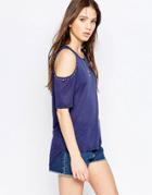 Qed London Cold Shoulder Top With Stud Detail - Navy