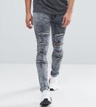 Liquor N Poker Open Rips Gray Bleached Wash Skinny Jeans - Gray