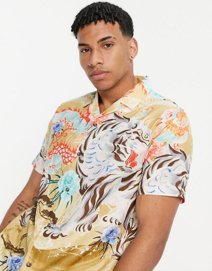 Topman Short Sleeve Shirt With Tiger And Dragon Print In Stone-neutral