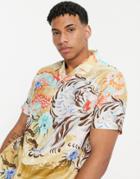 Topman Short Sleeve Shirt With Tiger And Dragon Print In Stone-neutral