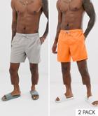 Asos Design Swim Shorts 2 Pack In Gray & Orange Mid Length Multipack Saving