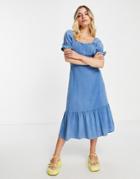 Influence Puff Sleeve Square Neck Tiered Midi Dress In Blue Chambray-pink