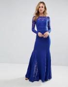 City Goddess Fishtail Maxi Dress With Lace Sleeves - Blue