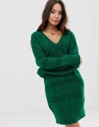 Asos Design Stitch Detail Knitted Mini Dress With Off Shoulder - Green