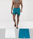 Asos Design Swim Shorts In White & Teal In Mid Length 2 Pack Multipack Saving