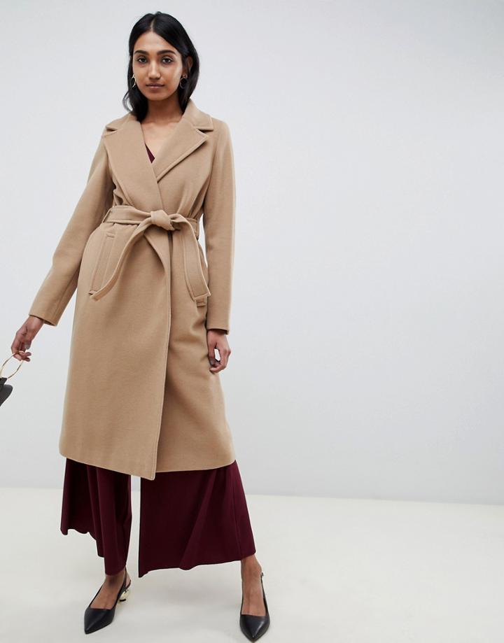 Emme Fatuo Longline Camel Coat With Tie Waist - Tan