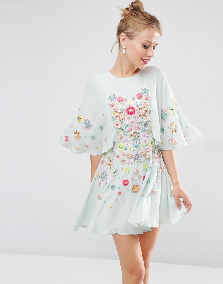 Asos Salon 3d Floral Embellished Cape Mini Skater Dress - Blue