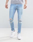 Asos Super Skinny Jeans With Zip Knee Rips In Bleach Blue - Blue