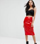 Missguided Vinyl Zip Detail Midi Skirt - Red