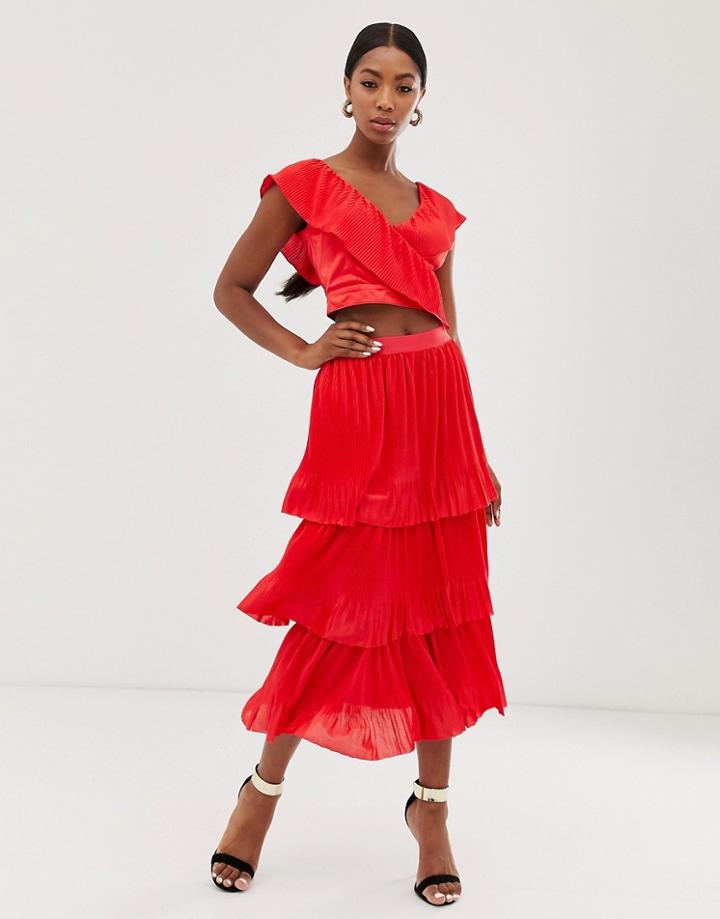 Little Mistress Tiered Midi Skirt In Poppy Red - Red