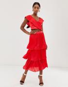 Little Mistress Tiered Midi Skirt In Poppy Red - Red
