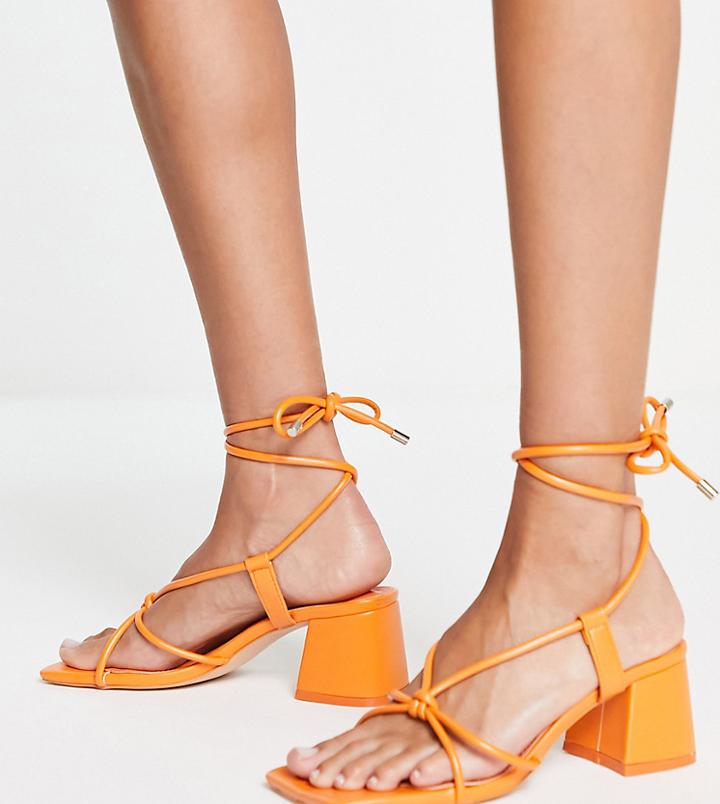 Public Desire Wide Fit Aloha Knot Strap Mid Heel Sandals In Orange