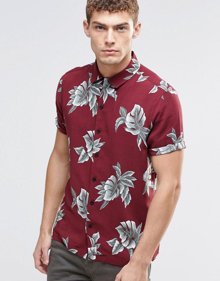 Asos Tropical Shirt In Burgundy With Short Sleeves - Burgundy