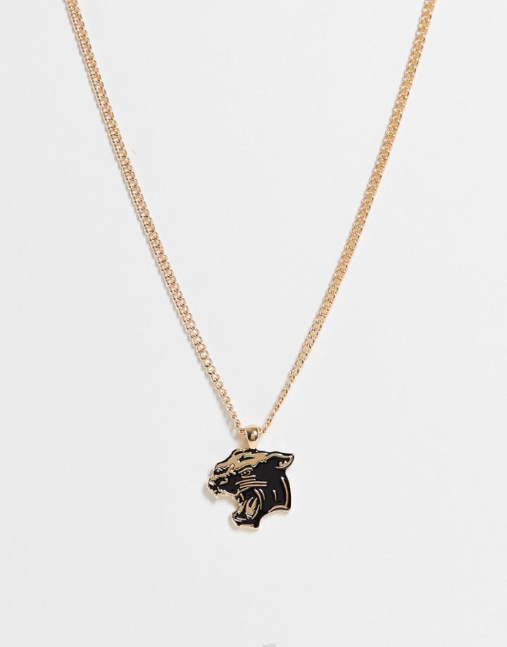 Wftw Flat Curb Chain Pendant With Enameled Panther In Gold