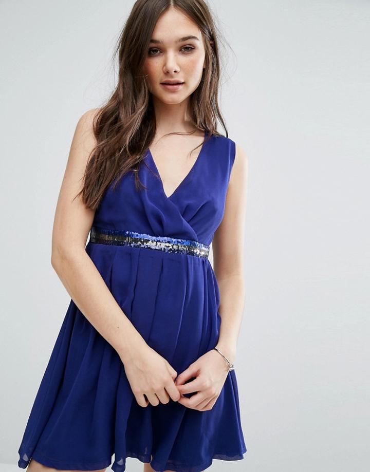 Jasmine Skater Dress With Embellished Waistband - Blue