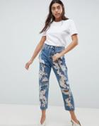 Asos Design Boyfriend Jeans In Mid Wash With Varigated Sequins - Blue