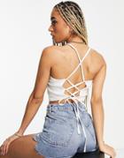 Asos Design Linen Square Neck Sun Top With Lace Up Back In White