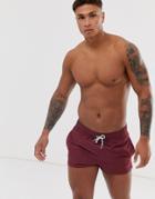 Asos Design Swim Shorts In Burgundy Super Short Length With Black & White Drawcord-red