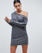 Asos Design Off Shoulder Sweat Dress With Faux Horn Button Sleeve - Gray