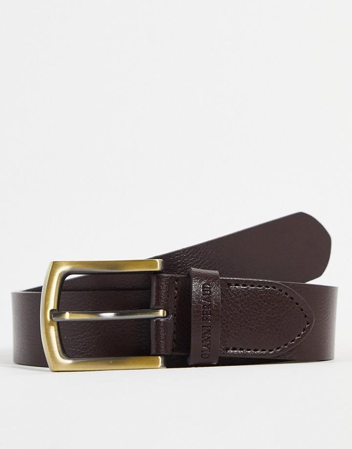 Gianni Feraud Leather Belt In Brown With Gold Buckle