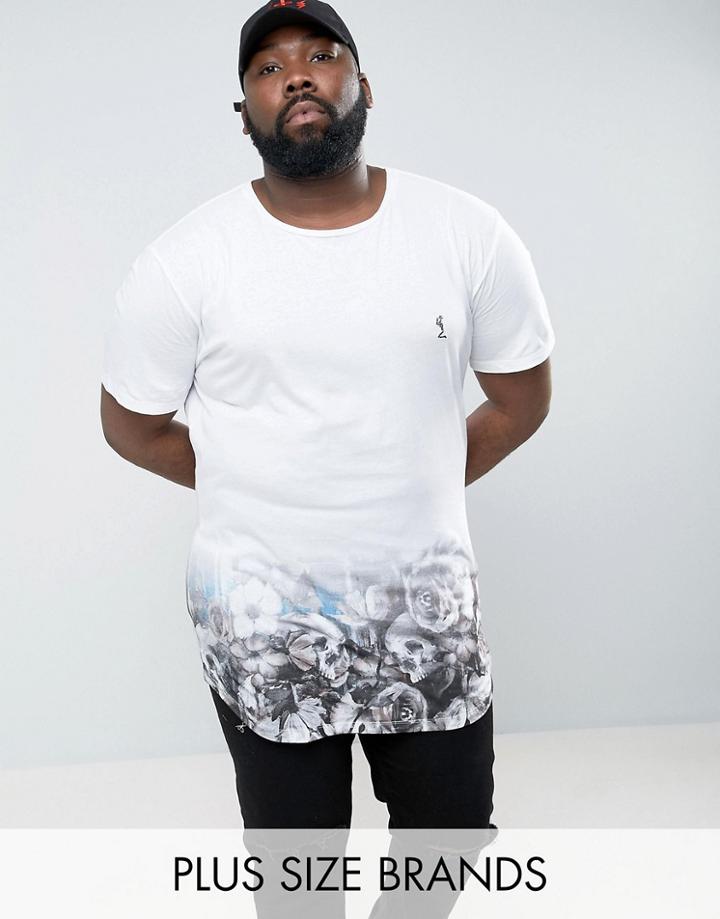 Religion Plus Longline T-shirt With Floral Skull Dip Dye Printed Hem - White