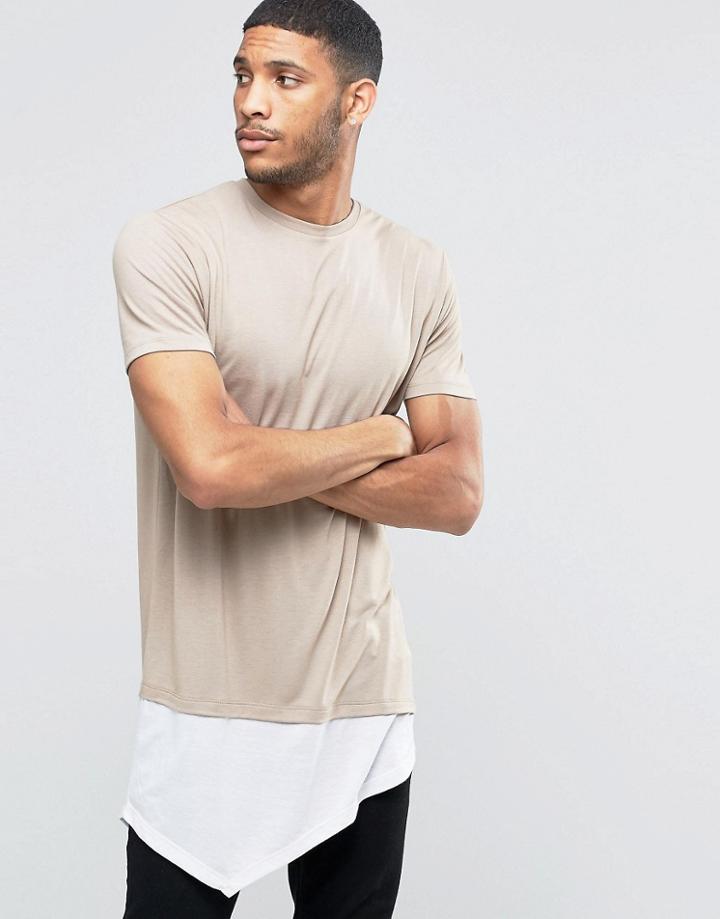 Asos Super Longline T-shirt With Asymmetric Layered Hem In Beige - Silver Mink