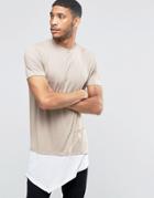 Asos Super Longline T-shirt With Asymmetric Layered Hem In Beige - Silver Mink