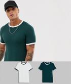 Asos Design 2 Pack Organic Muscle Fit T-shirt With Contrast Ringer Save-multi