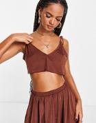 Asos Design Mix And Match Slinky Jersey Tie Shoulder Floaty Beach Top In Brown