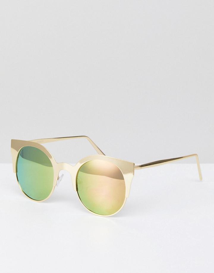 Asos Design Half Kitten Cat Eye Metal Sunglasses With Rose Gold Flash Polarised Lens - Gold