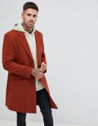 Asos Design Wool Mix Overcoat In Rust - Orange