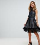 John Zack Petite High Neck Tulle Mini Skater Dress With Contrast Lining - Black