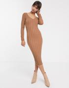 Asos Design Button Detail Rib Midi Dress With V Neck-stone