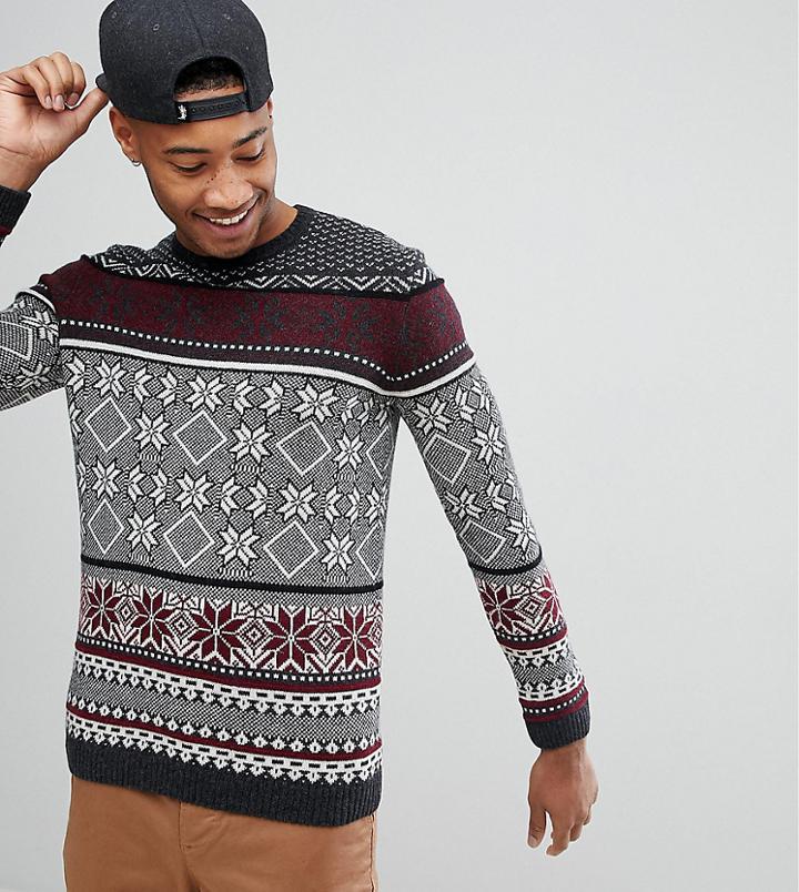 Asos Tall Lambswool Fairisle Sweater In Charcoal - Gray