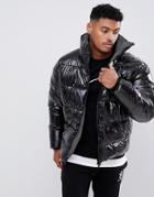 Asos Design Puffer Jacket In High Shine Fabric With Check Lining - Black