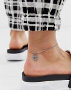 Asos Design Anklet With Crystal Heart Padlock In Silver Tone - Silver