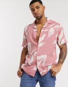 Asos Design Regular Revere Pink Abstract Leaf Print Shirt In Pink