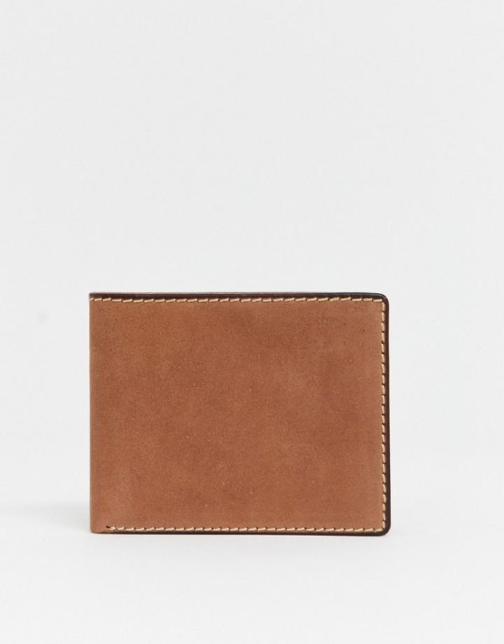 Asos Design Leather Wallet With Contrast Stitch In Tan