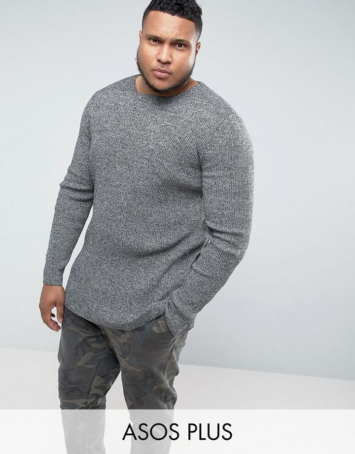 Asos Plus Longline Muscle Fit Ribbed Sweater In Black & White Twist - Gray