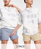 Asos Design 2 Pack Multilength Chino Slim Shorter Shorts With Elasticated Waist In Blue And Beige Save