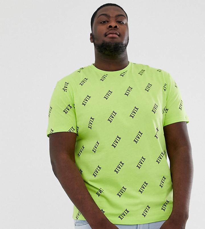 Asos Design Plus Relaxed T-shirt With All Over Roman Numeral Text Print - Green