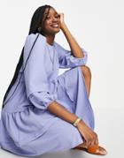 Only Midi Smock Dress With Sleeve Deatil And Tiering In Lavender Blue-blues