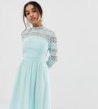 Chi Chi London Petite Long Sleeve Lace Dress With Pleated Skirt In Mint-blue