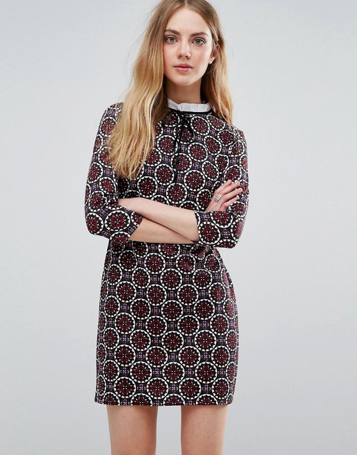 Qed London Tile Print Dress With Lace Up Front - Black