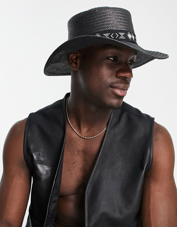 Asos Design Pork Pie Straw Hat With Printed Band In Black