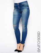 Asos Curve Ridley Skinny Jeans In Mid Wash With Ripped Knee - Blue