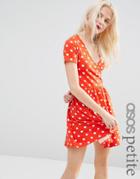 Asos Petite Skater Mini Dress With Ballet Wrap In Polka Dot