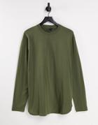 Asos Design Relaxed Longline Long Sleeve T-shirt With Curved Hem In Khaki-green